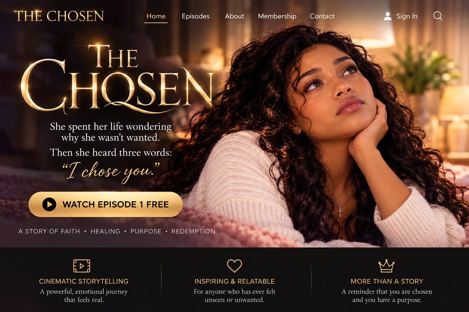 The Chosen series artwork showing Angel, a young woman with long dark curls, resting her face on her hand.